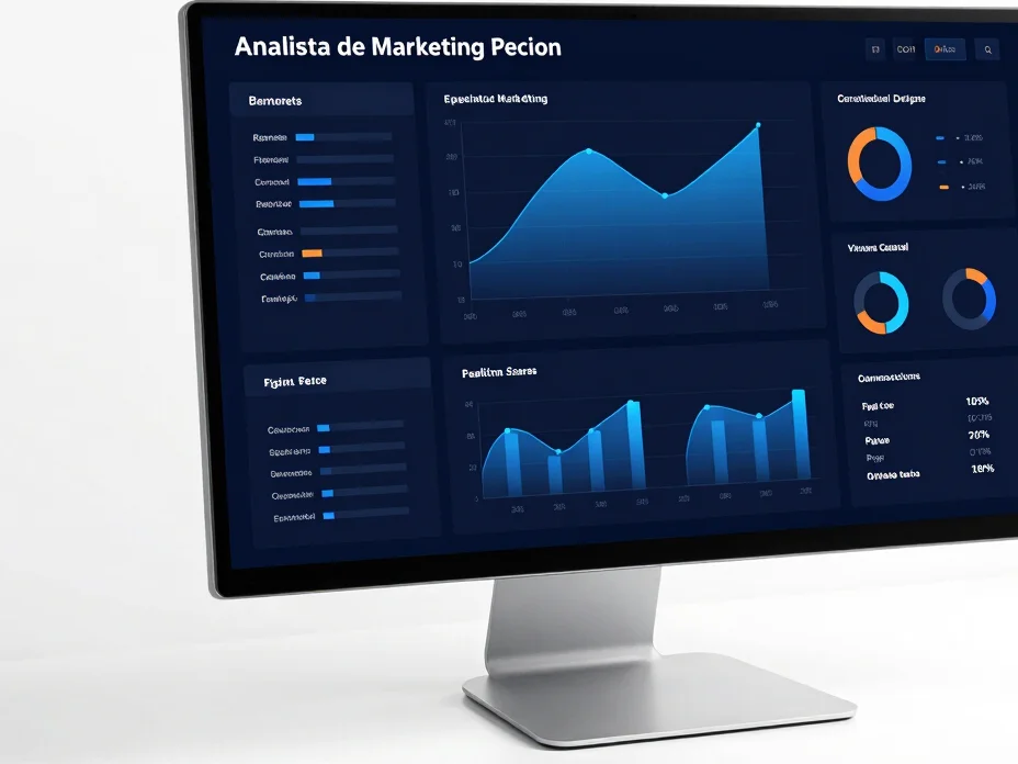 Analista de marketing revisando datos en una pantalla con dashboa