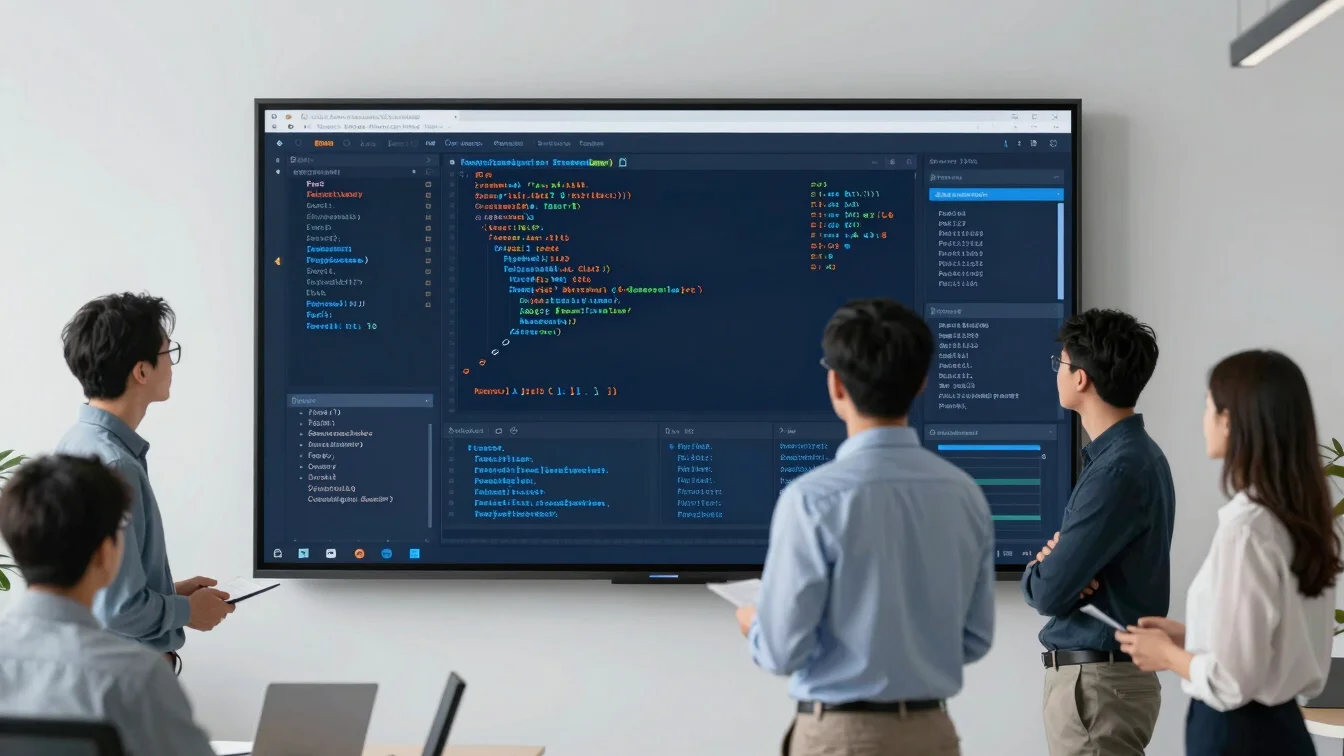 Engineers collaborating on a large screen displaying complex data