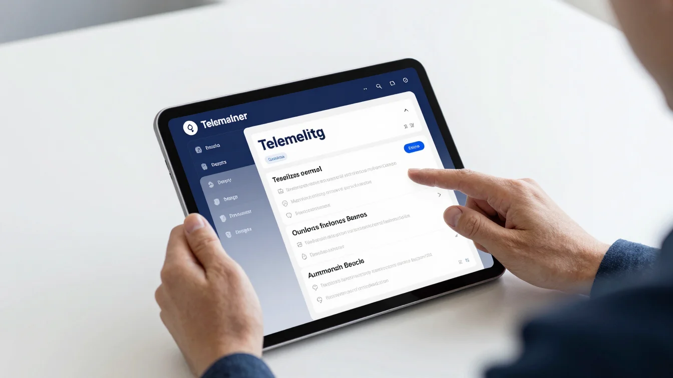 Professional hands interacting with a sleek tablet displaying a t